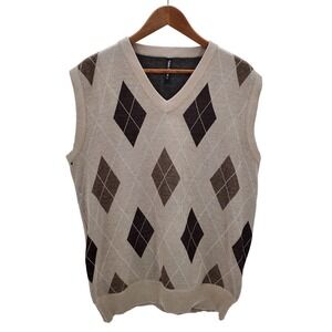 Mens XL Beige Brown Argyle Sweater Vest Knit V-Neck Preppy Retro Golf Layer